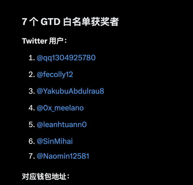 The image displays a list of 7 GTD (Guaranteed) white list winners on a black background, featuring Twitter usernames (@qq1304925780, @fecolly12, @YakubuAbdulrau8, @0x_meelano, @leanhtuann0, @SinMihai, and @Naomin12581) with a section header for corresponding wallet addresses that appears to be cut off.