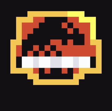 A pixel art icon depicts a red and black mushroom-like character with a gold/yellow border on a dark background, with a white horizontal bar across the lower portion.
