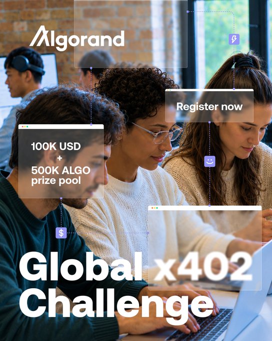 The image depicts an advertisement for a worldwide competition called "Global X402 Challenge". The main focus of the scene is two people, one wearing a black sweater, sitting at a table with their laptops open while another person watches them closely. A laptop computer can be seen on the table as well. The text in the image emphasizes that this challenge rewards developers for creating paid services agents who offer real-time payment settlements, enabling them to climb the leaderboard and claim the $100K US dollar prize pool available for those participating.