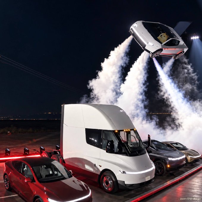 A white Tesla Semi truck is shown flanked by Tesla sedans and SUVs while one car launches dramatically into the night sky with rocket-like exhaust trails. The futuristic, high-energy scene of Tesla vehicles performing an aerial stunt captures the upbeat "Happy Friday" sentiment with a sense of excitement and innovation. The watermark "own the dodge" appears in the bottom right corner.