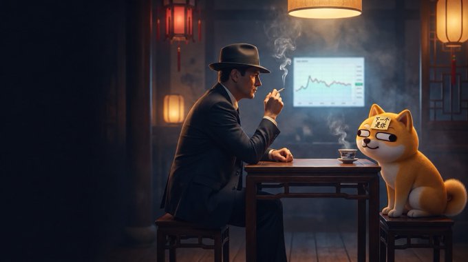 A man in a dark suit and fedora smokes a cigarette while analyzing a candlestick chart across the table from a Shiba Inu dog wearing a "Doge" sign, set in a dimly lit, lantern-accented room—visually evoking the Chinese/WeChat origins and speculative trading themes referenced in the post about WangChai (the "Chinese Doge on BNB") accumulating holders despite the correction.