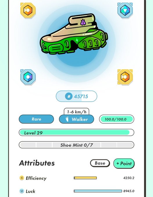 The image shows a user interface for an online game, displaying information about an item or character's attributes such as rarity, power, and level. One of the items displayed is a green shoe with a walking mechanism that powers its movement. The title suggests a game called "WALKER" or something similar. The image also includes several gemstones around the area where these attributes are displayed, adding to the overall visual appeal of the gaming experience.