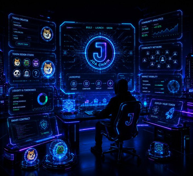 A person sits in a dark room surrounded by glowing blue and purple futuristic screens displaying token creation, community analytics, and a logo reading 'JOA CHAIN'.