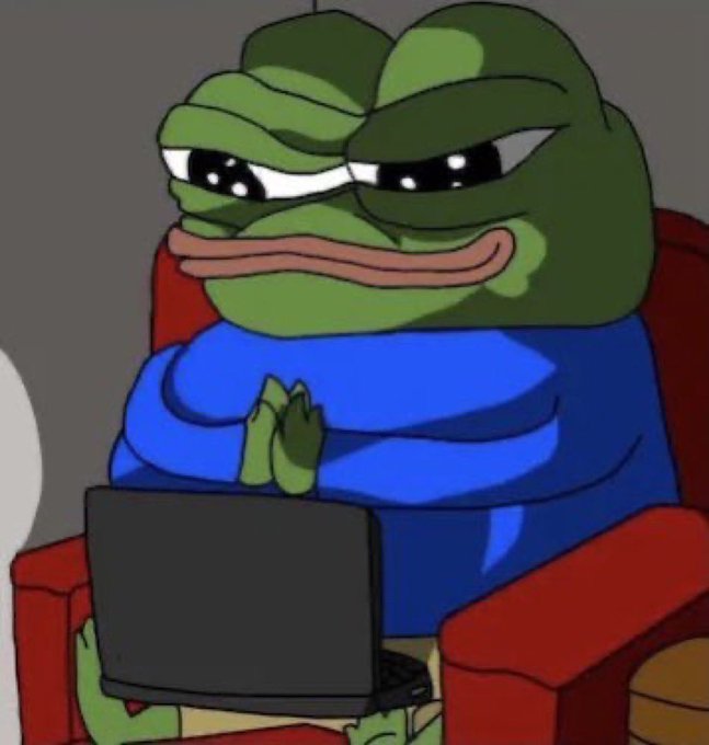 A cartoon illustration of the Pepe the Frog meme character sitting in a red chair, wearing a blue shirt, using a laptop with hands clasped together and large teary eyes in a grateful expression.