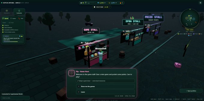 A screenshot from "SUPERLUMINAL WORLD" showing various in-game vendor stalls, with a "Pip - Game Host" NPC inviting the player to play a mini-game and pocket points, connected to the Superluminal World. The image appears to showcase a Fogo Game Stall, tying into the "Make Fogo Great Again" theme and thanking @WomanDefi and @slx_fi in the review.
