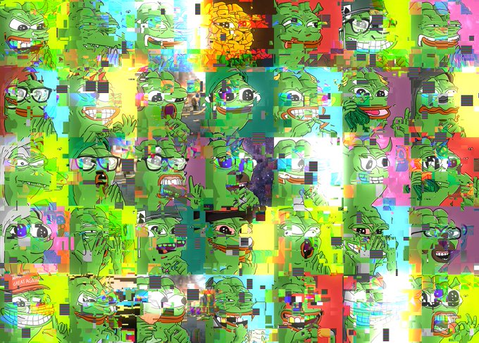 A chaotic grid of glitch-art style Pepe the Frog images in bright neon colors with various expressions and accessories.