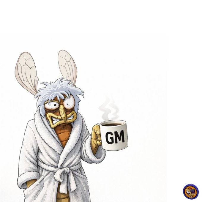 A cartoon insect-like character in a white robe holds a steaming mug labeled “GM.”