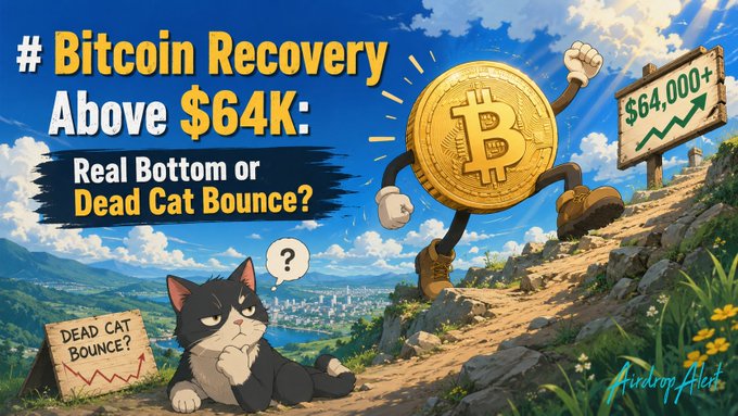 A black-and-white cat sits puzzlingly beside a sign reading "Dead Cat Bounce?" while an anthropomorphized Bitcoin marches up a hill toward a "$64,000+" billboard, with the headline "#Bitcoin Recovery Above $64K: Real Bottom or Dead Cat Bounce?" displayed prominently—visually capturing the post's central debate over whether BTC's rebound from the $64K level amid $385M ETF outflows marks a genuine bottom or merely a temporary bounce, as the author commits to a long position with active DCA.