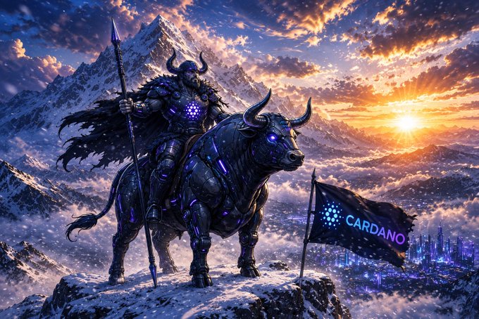 A fantasy illustration of a horned armored warrior riding a bull, with a 'CARDANO' flag, set against snowy mountains and a sunset.