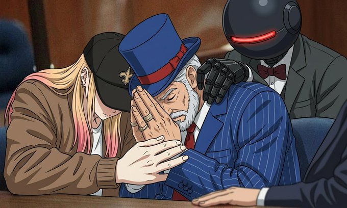 An anime-style illustration depicting a meeting with three characters: a woman with pink-streaked hair, an older bearded man in a blue top hat and pinstripe suit holding his hands together, and a figure in a gray suit with a black robotic helmet featuring a red visor.