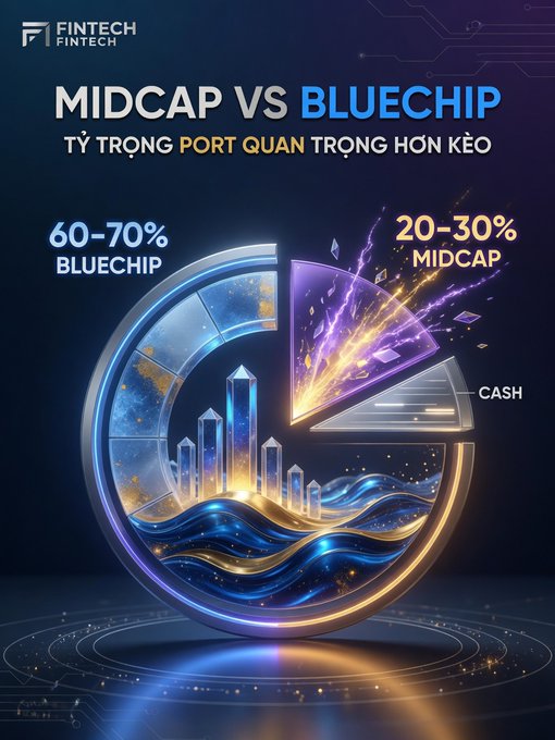 A financial infographic titled 'MIDCAP VS BLUECHIP' by FINTECH, featuring a circular chart with '60-70% BLUECHIP', '20-30% MIDCAP', and 'CASH' segments against a stylized cityscape.