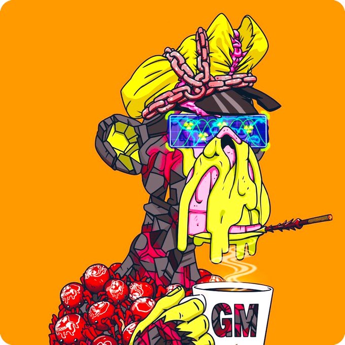 Stylized digital art on an orange background showing a yellow zombie-like figure wearing a red cap, pixelated sunglasses, and holding a spiked bat, with red skulls at the base and a mug labeled "GM".