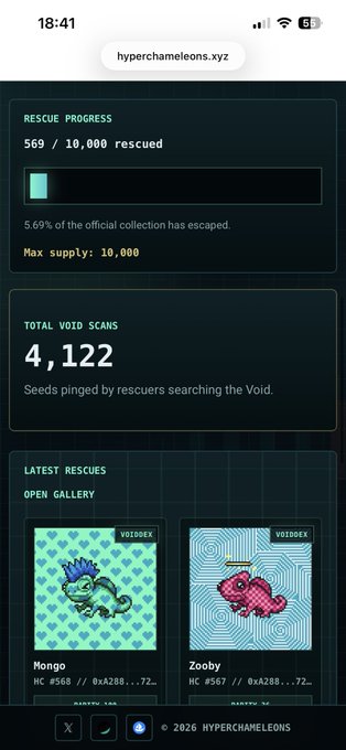 A mobile screenshot from hyperchameleons.xyz showing rescue progress (569/10,000), total void scans (4,122), and NFT cards for "Mongo" (#568) and "Zooby" (#567).