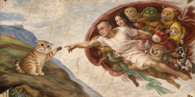 A parody of Michelangelo's 'Creation of Adam' fresco where two figures in white robes reach toward a cat, surrounded by other cartoonish animals including a Shrek-like ogre.