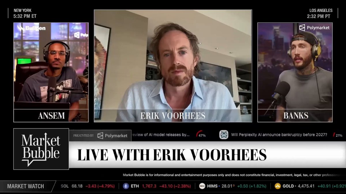 The image shows a live podcast interview with three men, each representing a different perspective on Bitcoin. The first man has his back turned towards the camera while the other two are facing him. They appear to be discussing the topic of Bitcoin and its potential uses in the financial world. The background features a cityscape, which could suggest that they are taking place at an event or gathering related to cryptocurrency.