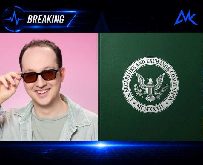A breaking news graphic featuring a split screen: on the left, a smiling man with sunglasses against a pink background, and on the right, the seal of the U.S. Securities and Exchange Commission (SEC).
