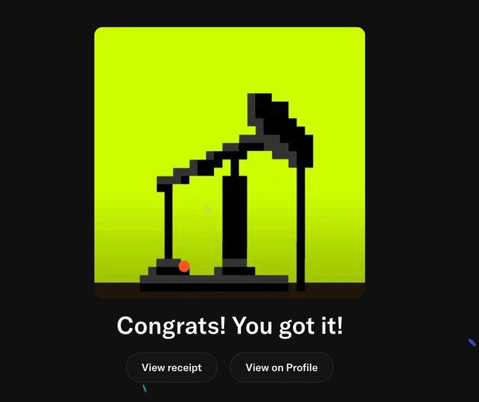 A pixel art achievement screen shows a graveyard scene with tombstones on a green background, accompanied by the text 'Congrats! You got it!' with 'View receipt' and 'View on Profile' buttons.