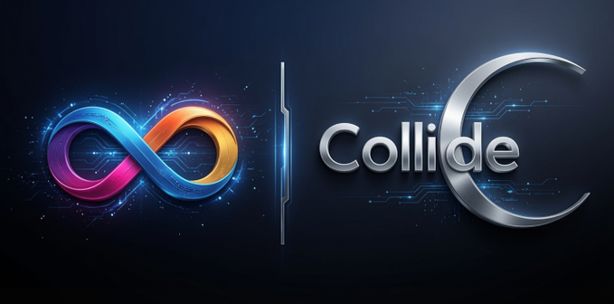 A digital graphic with a colorful infinity symbol on the left and metallic 'Collide' text on the right, set against a dark blue background with circuit-like patterns.