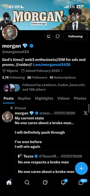 A Twitter/X profile page for 'morgan' (@morgansol34), a 'Collab manager' from Nigeria with 3.7K Following, 3K Followers, and 16 Subscriptions, featuring anime-style profile images and a pinned post about not being a 'broke man'.