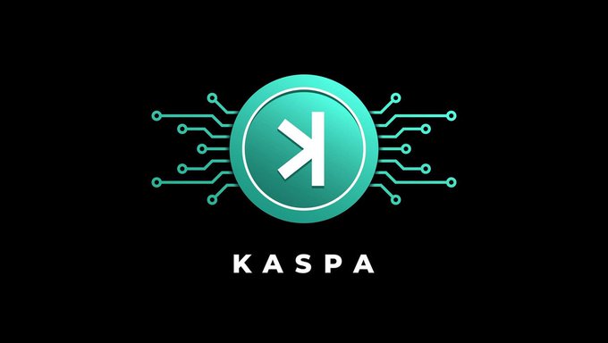 Logo for Kaspa cryptocurrency featuring a teal circular emblem with a stylized 'K' symbol surrounded by circuit board traces, set on a black background.