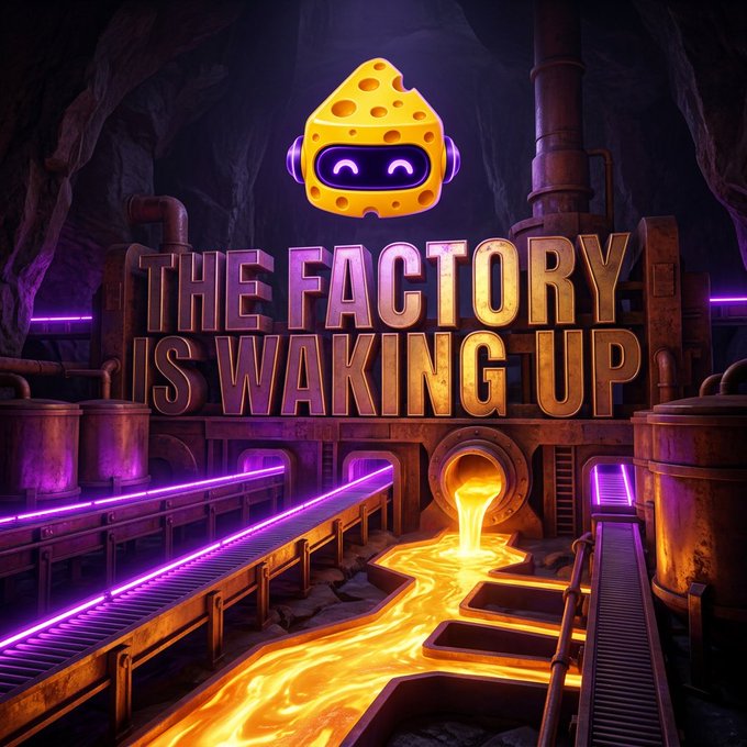 A promotional graphic featuring a cheese-themed robot mascot above bold text reading 'THE FACTORY IS WAKING UP' set against a dark industrial background with glowing orange lava and purple neon lights.