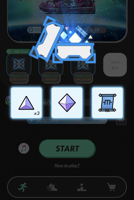 The image shows a phone screen with three different game icons displayed, each representing a different level or stage of gameplay for a mobile app called "StepN". The first icon is a purple triangle, the second one is a blue rectangle, and the third one is a green square. These icons are arranged in a row on the screen, indicating that they are part of a step-by-step process to complete the game.