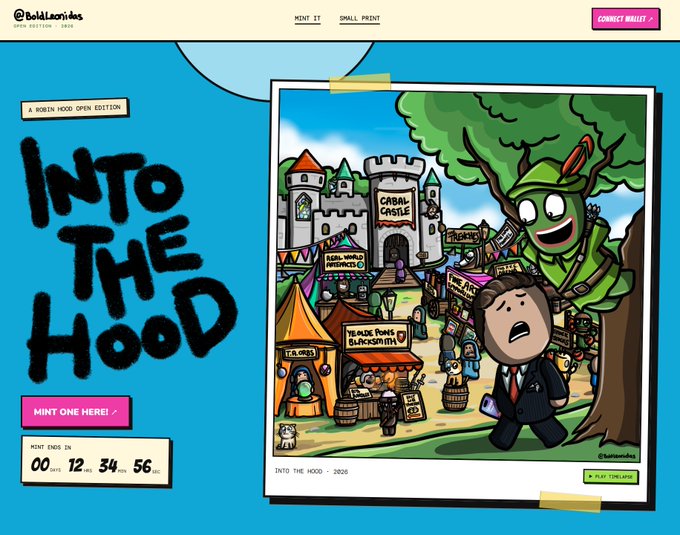 A promotional webpage for an NFT collection titled 'INTO THE HOOD' by BoldLaandies (2026) featuring a cartoon medieval market scene with 'CABAL CASTLE' and a 'MINT ONE HERE!' button.