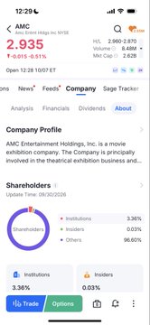 A mobile stock app screenshot showing AMC Entertainment Holdings (AMC) priced at $2.935, down 7.61%, with company profile and shareholder information displayed.