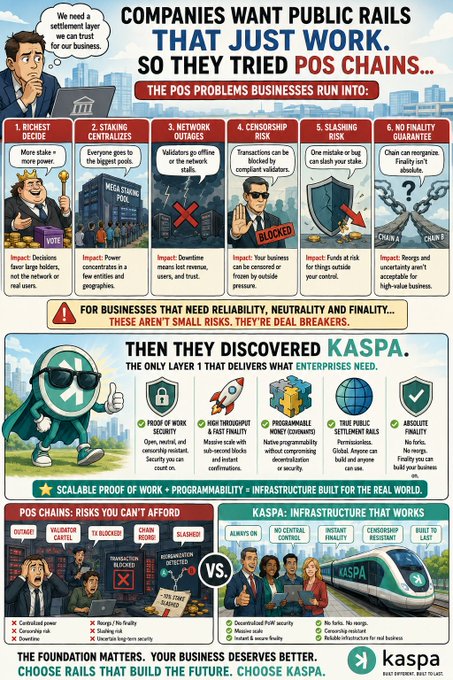 An infographic for Kaspa explaining why businesses need public rails, highlighting six POS chain problems (richest decide, staking centralizes, network outages, censorship risk, slashing risk, no finality guarantee) before promoting Kaspa as a scalable alternative.