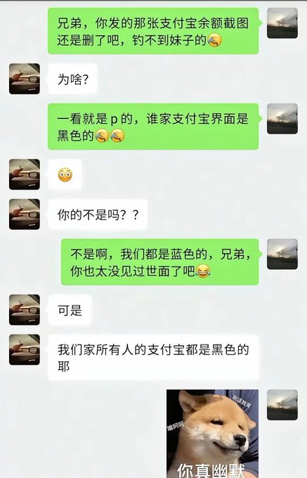 A Chinese-language chat conversation where one person teases another about a photoshopped Alipay screenshot, ending with a Shiba Inu meme image with text '你真幽默' (You're really humorous).