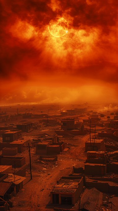 A desolate town is bathed in an oppressive orange-red haze beneath a fiery, eclipsed sun, with no visible text or numbers, evoking a post-apocalyptic summer scene that visually amplifies the post's ominous "Summer 2026 Live view of CT" caption.