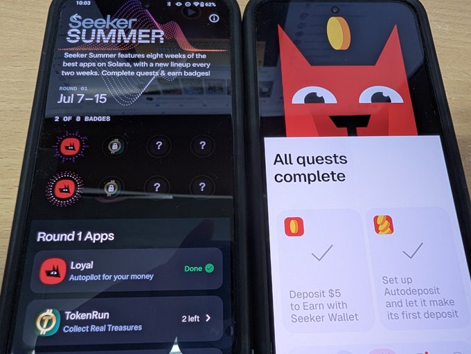 Two smartphones display the "Seeker Summer" Solana quest event, with the left phone showing Round 01 (Jul 7-15) featuring 2 of 8 badges collected and apps "Loyal" (marked Done) and "TokenRun" (2 left), while the right phone confirms "All quests complete" for a $5 deposit and Autodeposit setup with the Seeker Wallet. The image illustrates the author's progress through the Solana Seeker summer campaign quests needed to earn $SKR token badges.