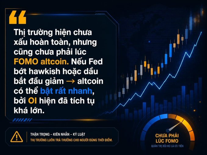 A financial graphic with Vietnamese text stating 'Thị trường hiện chưa xấu hoàn toàn, nhưng cũng chưa phải lúc FOMO altcoin' (The market is not completely bad yet, but it's also not time to FOMO altcoins), featuring a blue and orange candlestick chart.