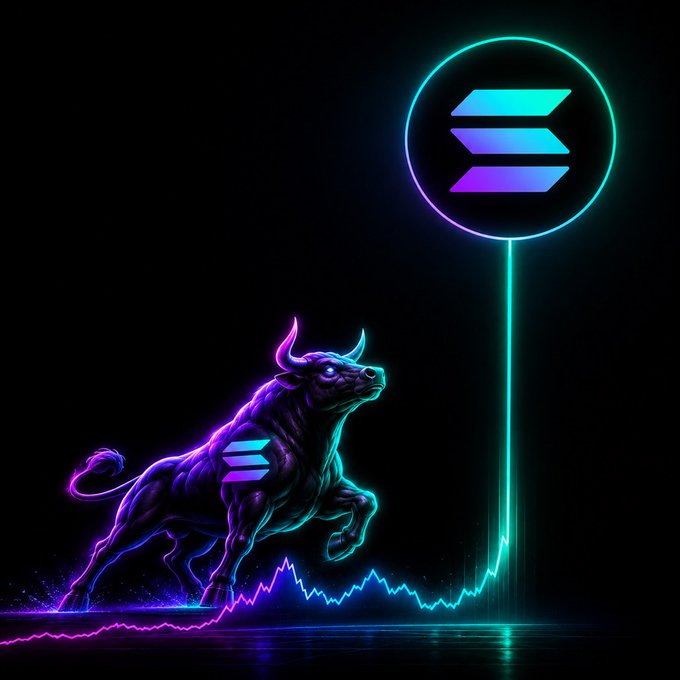A neon bull with the Solana logo leaps forward over a rising stock graph, leading to the Solana logo in a circle. This image visually represents a bullish market for Solana, aligning with the accompanying post's excitement for the cryptocurrency.