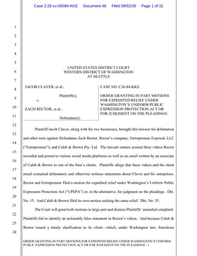 The image shows the first page of a court filing from the United States District Court for the Western District of Texas (Case No. 2:26-mc-00084-KKE) titled "Order Granting In Part Motions for Expedited Relief Under Washington's Uniform Public Expression Protection Act," filed on June 30, 2026, regarding a defamation lawsuit involving Jacob Claver, Zach Rector, and Entagement. The document relates to the post about two XRP influencers being involved in a defamation lawsuit, as the filing addresses defamation and tort claims allegedly arising from online posts critical of crypto-related content creators on the platforms The Big Bozrah, LLC.
