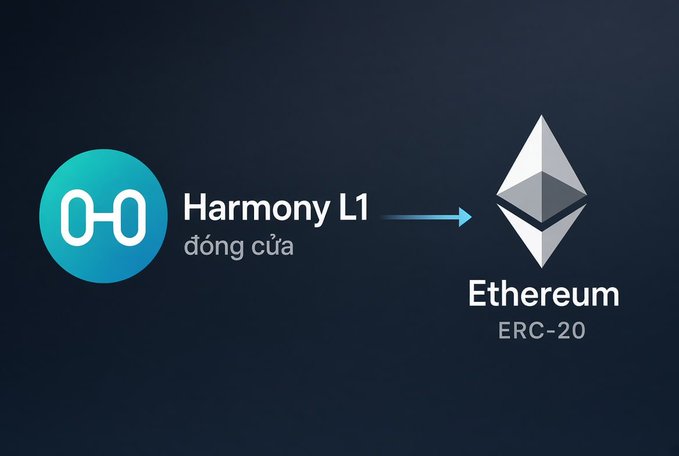An infographic showing the Harmony L1 bridge icon ('đóng cửa' - closed) with an arrow pointing to the Ethereum logo labeled 'ERC-20' on a dark blue background.