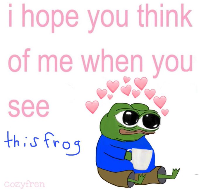 A Pepe the Frog cartoon with pink hearts overhead sits beside the text "i hope you think of me when you see this frog" and "this frog" in blue, signed "cozyfren." The image leans into the lighthearted meme humor of the post, with Pepe's lovestruck, dreamy expression tying into the "GM" (good morning) greeting while the frog character takes the spotlight rather than any specific market call.
