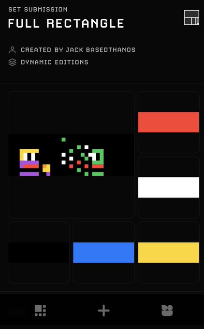 A pixel art set submission titled 'FULL RECTANGLE' created by Jack Basedanos, featuring blocky characters and color palette rectangles.