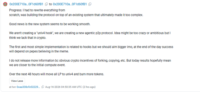 A screenshot of a Telegram message from address 0x200E710a...0F1d60fB1, posted at 0xaas338cfc0222... on Aug-16-2026, discussing the rewriting of a protocol that had become overly complex and teasing a new "agentic p2p protocol" while planning to move LP to univ4 and burn tokens.