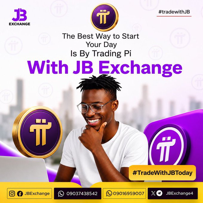 An advertisement for JB Exchange features the text 'The Best Way to Start Your Day Is By Trading Pi With JB Exchange,' '#tradewithJB,' and '#TradeWithJBToday,' showing a smiling man on a laptop with Pi cryptocurrency coins.