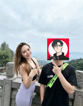 Photo of a young woman in a white outfit posing next to a person whose face is covered by an anime-style avatar sticker, with both making peace signs against a scenic mountain/coastline backdrop.