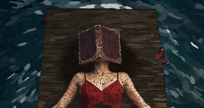 A digital artwork of a figure floating face-up on a wooden raft in dark water, wearing a red dress, with a large open book covering their face and a butterfly flying nearby.
