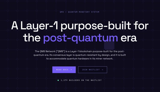 The image shows a website called "qms.finance", which appears to be related to finance or investing. The main focus of the image is a purple banner with white text that reads, "A Layer-1 Purpose-built for the Post-Quantum era". This suggests that the website might be discussing or promoting new technology or ideas in the field of quantum computing and its potential applications.