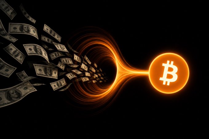 The image depicts numerous U.S. dollar bills being drawn into a glowing orange vortex/wormhole that funnels them into a large Bitcoin (₿) symbol on the right side. The accompanying post aligns with this visual metaphor, illustrating how high-yield Bitcoin income instruments act as a "fiat black hole" that channels traditional currency capital into Bitcoin.