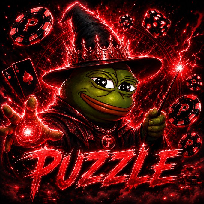 A Pepe the Frog meme styled as a wizard wearing a black pointed hat and a crown, holding a wand, surrounded by glowing red lightning, casino chips with "P", dice, and playing cards, with the word "PUZZLE" in red text at the bottom.
