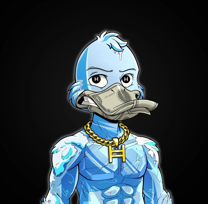 A stylized blue anthropomorphic hedgehog-like character wears a dollar-sign mask, a gold chain with an “H” pendant, and holds folded bills in its mouth.