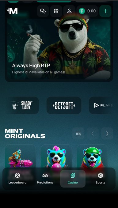 The image shows the PlayOnMint mobile app interface, featuring a promo banner with a panda wearing sunglasses and a Hawaiian shirt holding a joint, labeled "Always High RTP - Highest RTP available on all games!" Below are game provider logos (Shady Lady, Betsoft, Play'n GO) and a "MINT ORIGINALS" section showcasing cartoon character games, with a bottom navigation bar including Casino, Leaderboard, Predictions, and Sports options.