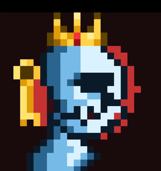 A pixel art illustration of a character with a crown, blue face, and red and yellow clothing on a dark background.