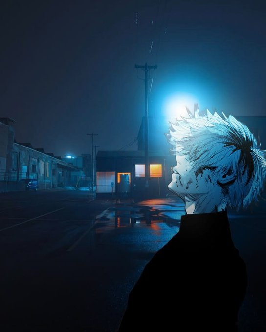 An anime-style illustration depicts a white-haired character in profile against a dark, rainy night cityscape, illuminated by a bright blue streetlamp with glowing yellow windows in the background.