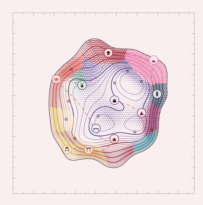 An abstract scientific visualization featuring contour lines and colorful topographic-style gradients in red, blue, purple, and yellow, with various icons including houses, tents, and symbols placed throughout.